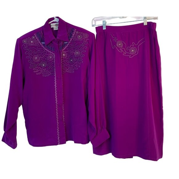 Vintage 80s Lé Club Purple Silk Skirt & Blouse Set Size 7/8 RBB10716 EUC 100% Si - Picture 2 of 8